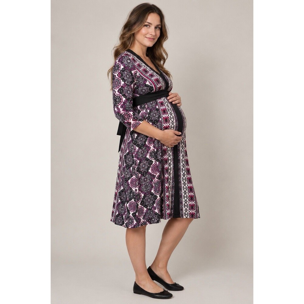 Motherhood Maternity Size L Wrap Dress Purple Black Geometric Print NWT